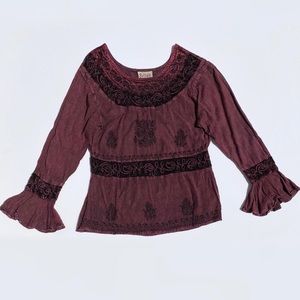 BRAJA Embroidered Burgundy Bell Sleeve Top Medium Bohemian Earthy Hippie Eastern